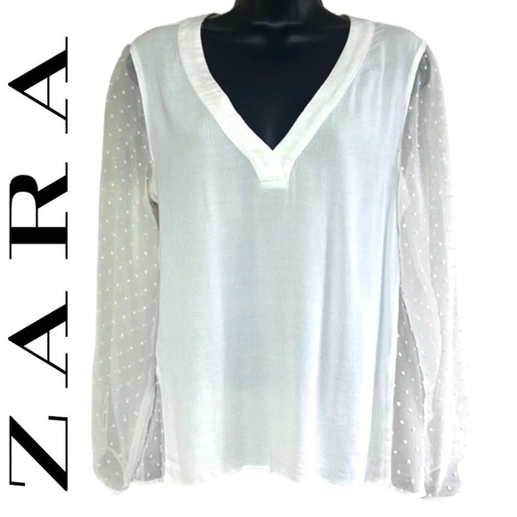 Zara Basic White Dot Chiffon Puff Sleeve Blouse Size M - Picture 1 of 12